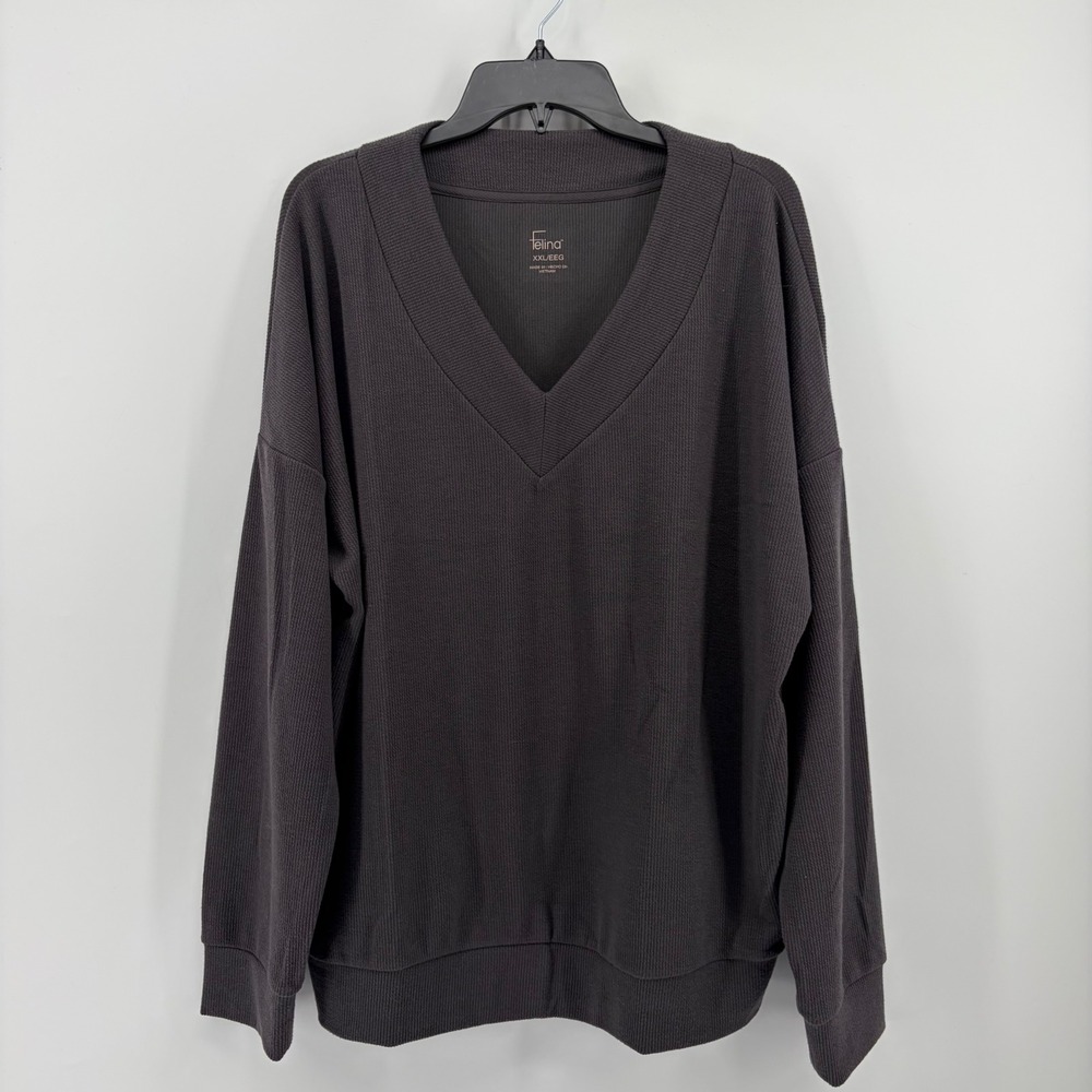 Felina Womens Charcoal Gray Ribbed V-Neck Long Sleeve Lounge Sweater XXL‎